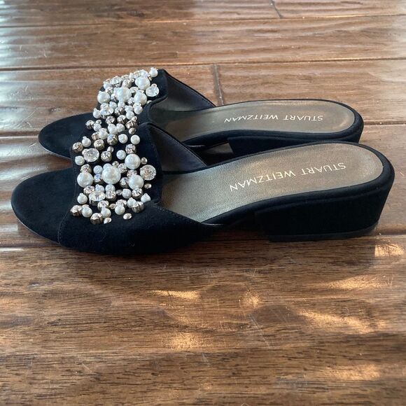 Stuart Weitzman Decorslide Women's Black Pearl Slide Sandals 6.5 M Block Heel - Picture 1 of 12